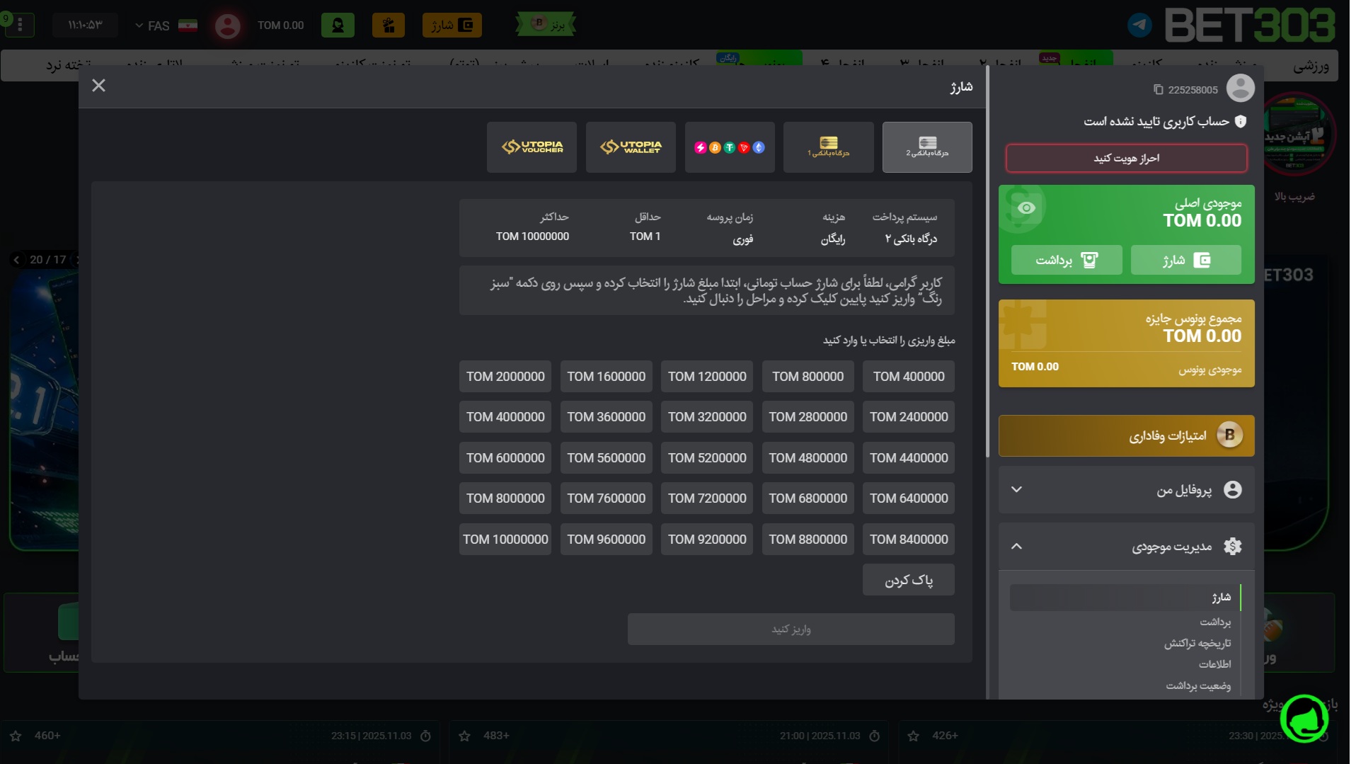 واریز و برداشت در سایت شرط بندی بت 303 